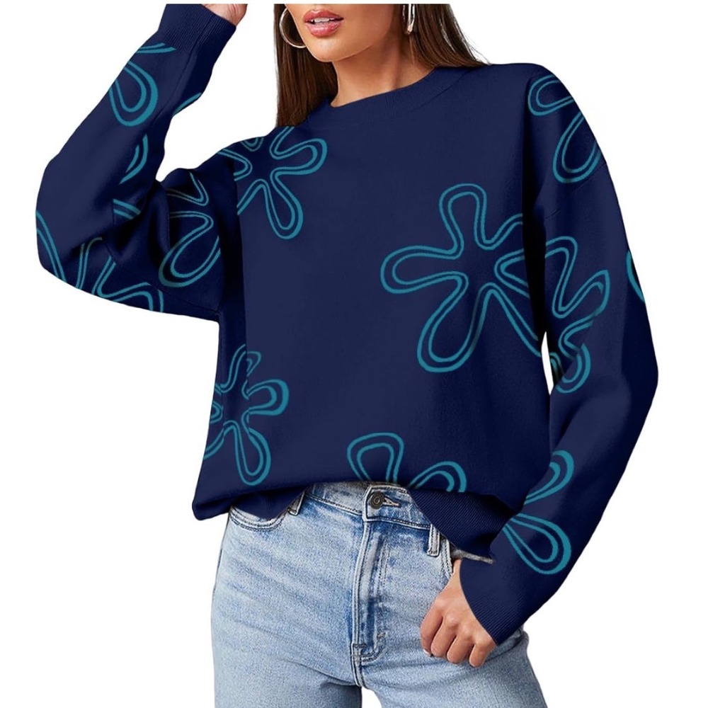 Dokotoo Floral Knit Sweater Women Large New Navy Blue Crew Neck Long Sleeve